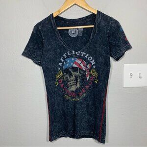 Affliction Skull Daytona Bike Week Gray Acid Wash V-neck Y2K Grunge Womens Small